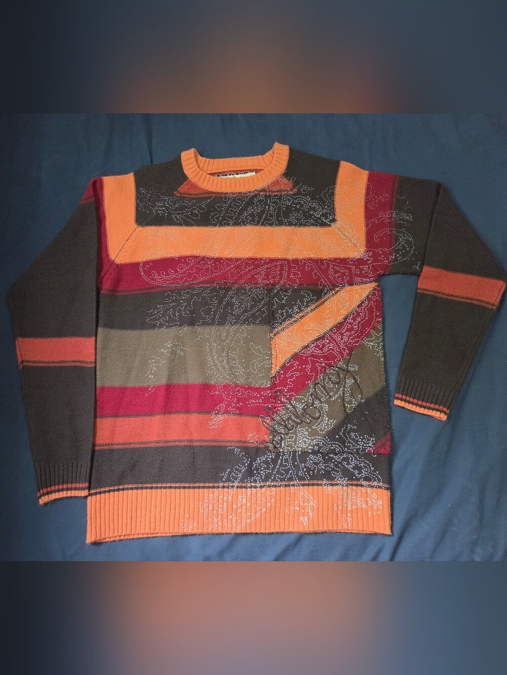 Billabong Men’s Striped Crewneck Sweater - Orange, Red, Brown & Olive